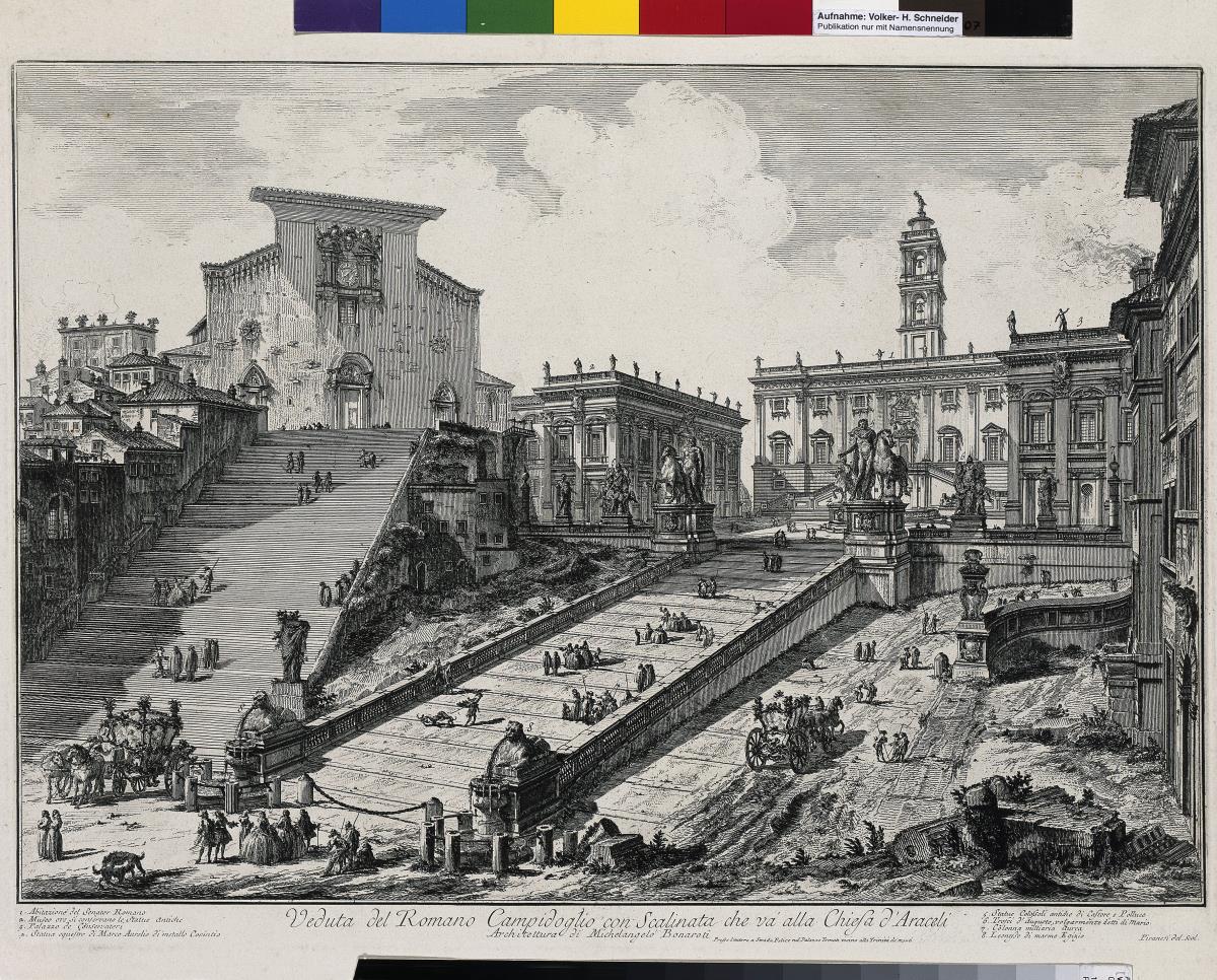 Ansicht des römischen Kapitols mit der Treppe zur Aracoeli-Kirche (aus: Vedute di Roma)