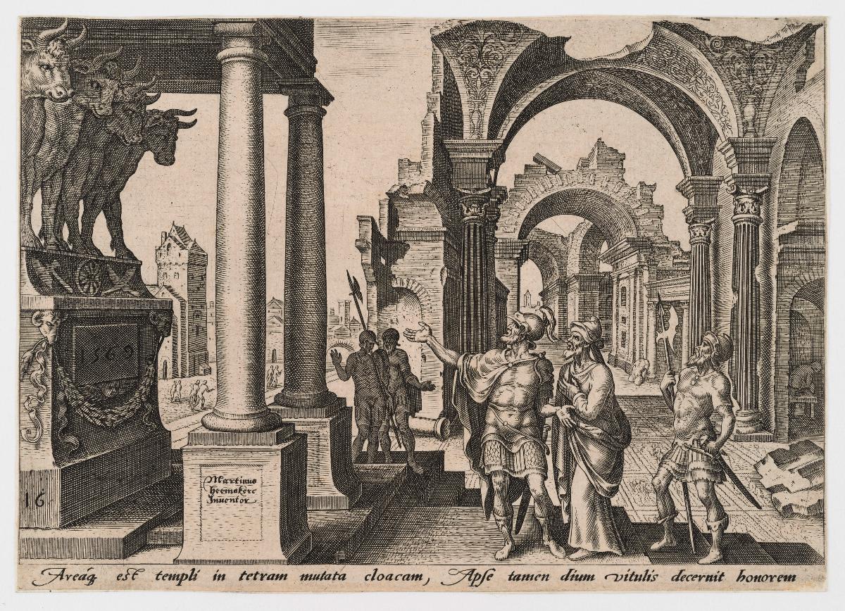 Jehu betet die Goldenen Kälber an (2 Kön 10:29-31), Blatt 16 aus der Folge "Die Unglücke des jüdischen Volkes"