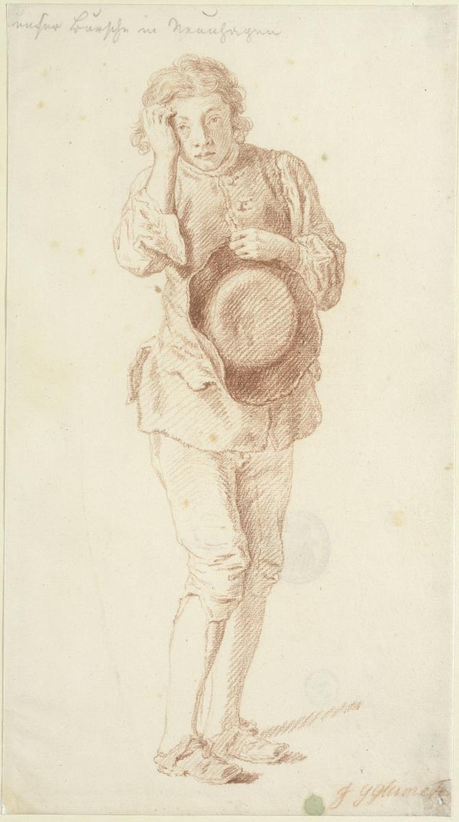 Junger Mann in ganzer Figur mit dem Hut in der Linken (Verlegener junger Bursche)