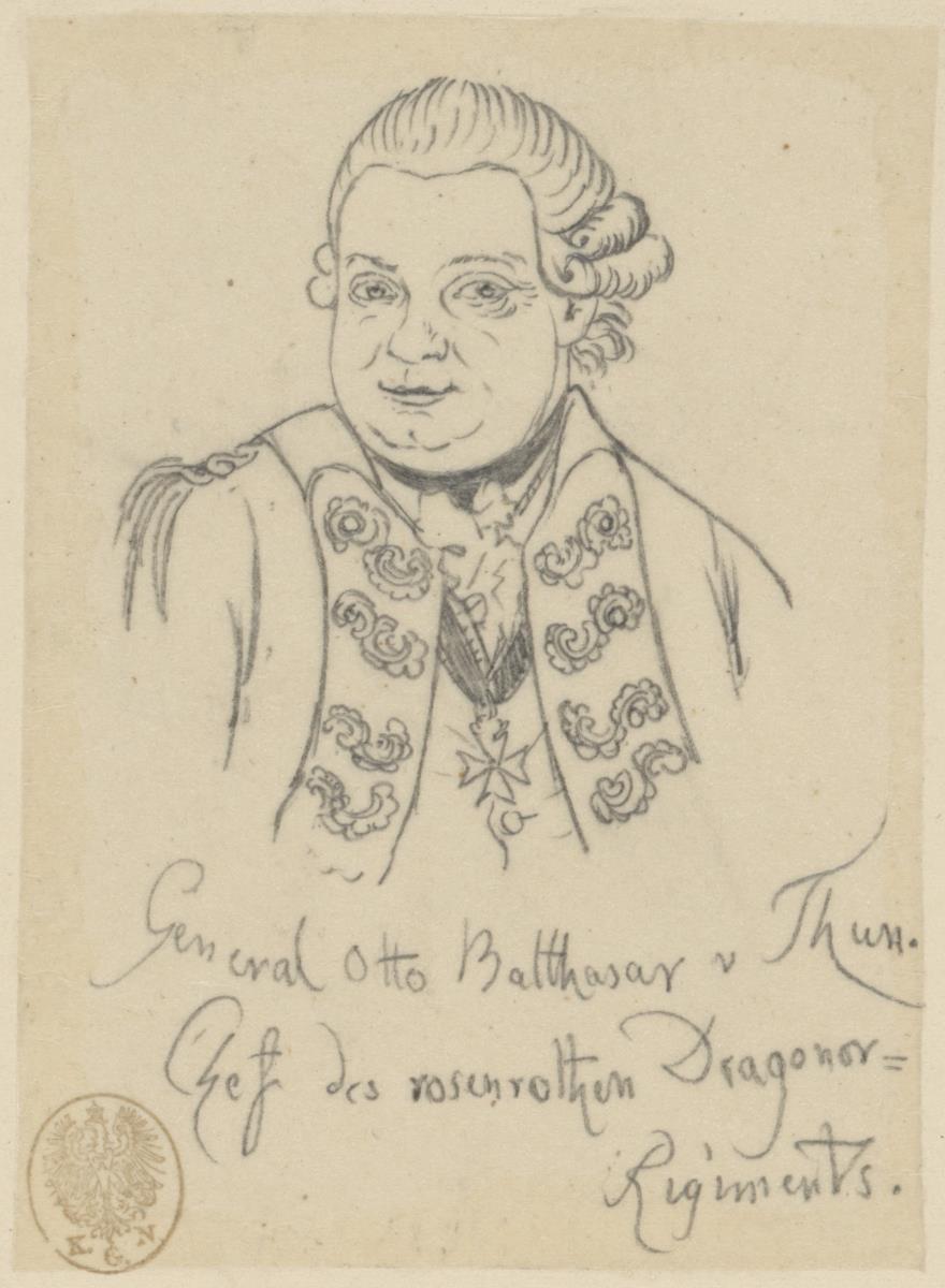 Otto Balthasar von Thun, Generalmajor und Chef des Dragoner-Regiments Nr. 3. Durchzeichnung