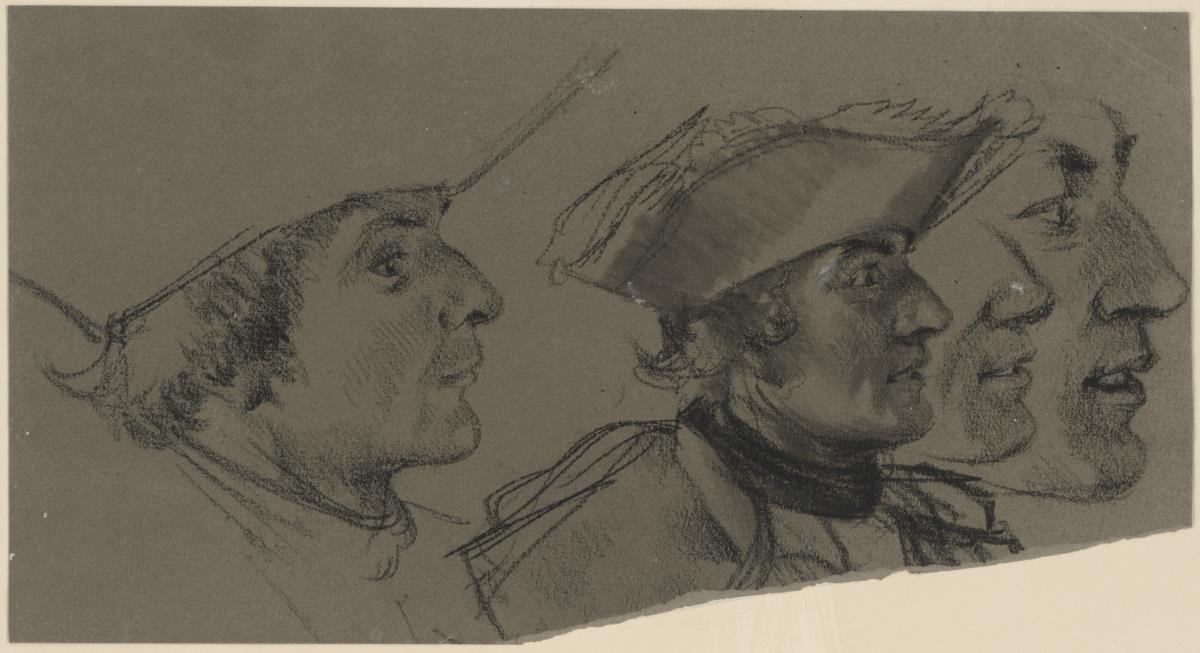 Brustbild, Kopf und zwei Profilstudien eines Offiziers (Haltungsstudie Friedrich Franz von Braunschweig) Studie zum unvollendeten Gemälde Ansprache Friedrichs II. an seine Generäle vor der Schlacht bei Leuthen