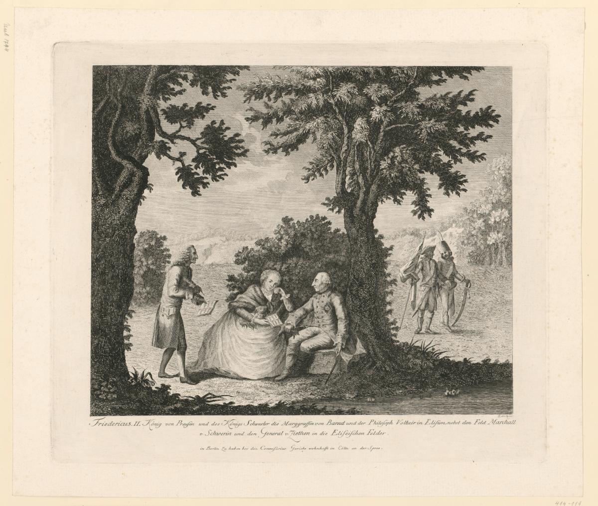 Friedrich II., die Markgräfin Wilhelmine von Bayreuth, der Philosoph Voltaire sowie Feldmarschall Schwerin und General von Zieten im Elysium