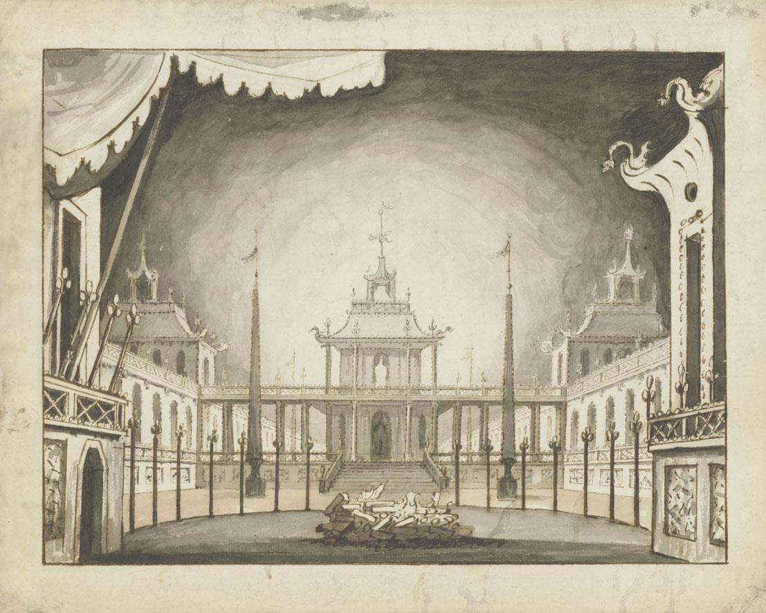 Bühnenbildentwurf: Hof einer Palastanlage mit Pavillons im chinesischen Stil, Kultfeuer, Vordergrund mit zwei Halbentwürfen als Varianten