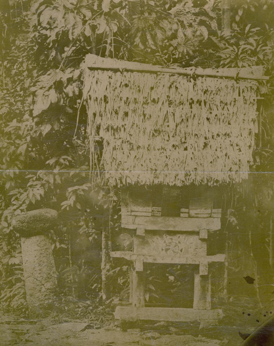 "A shrine and the stone chair of the god Angelle Kalish in Ngarupesang, Palau Ids."