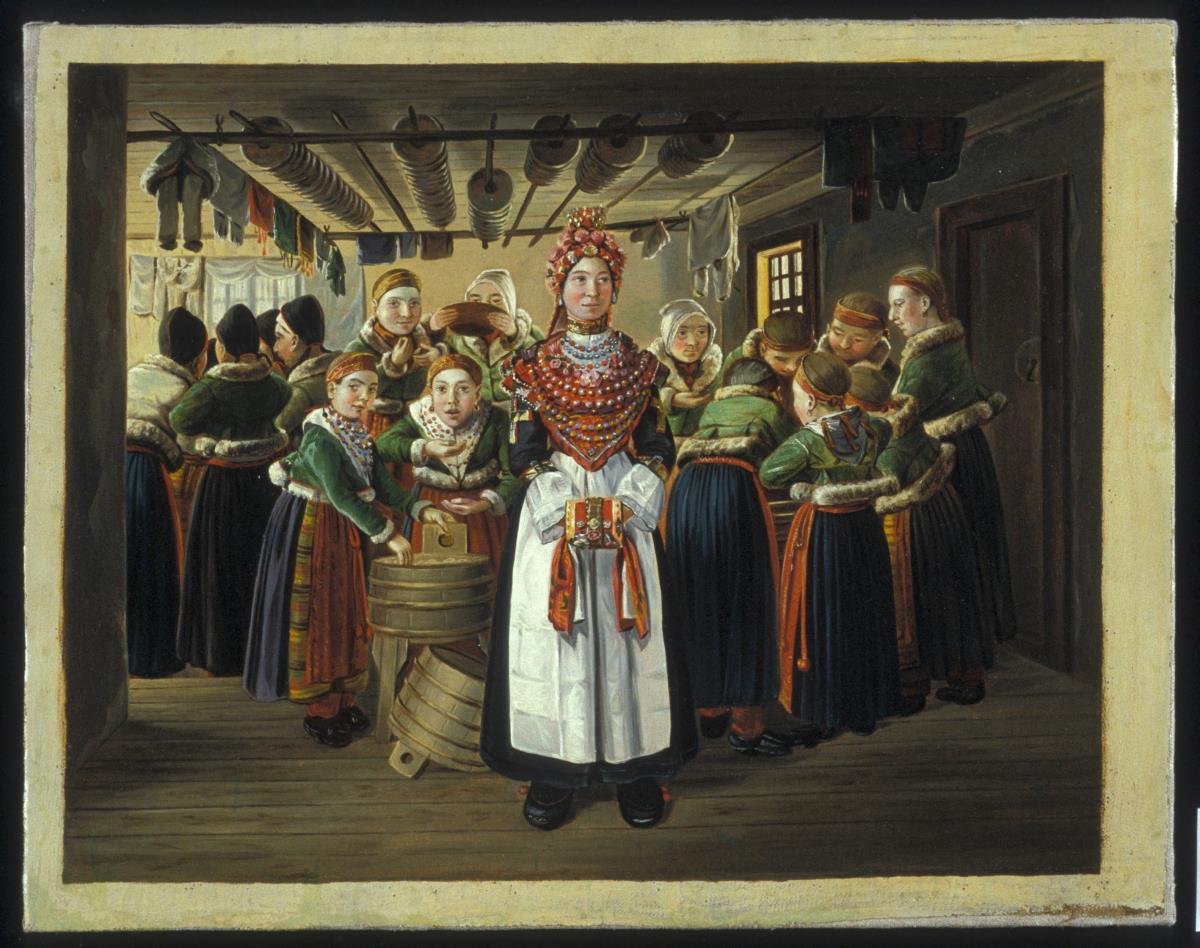 Eine Braut mit ihren Brautjungfern in Dalekarlien