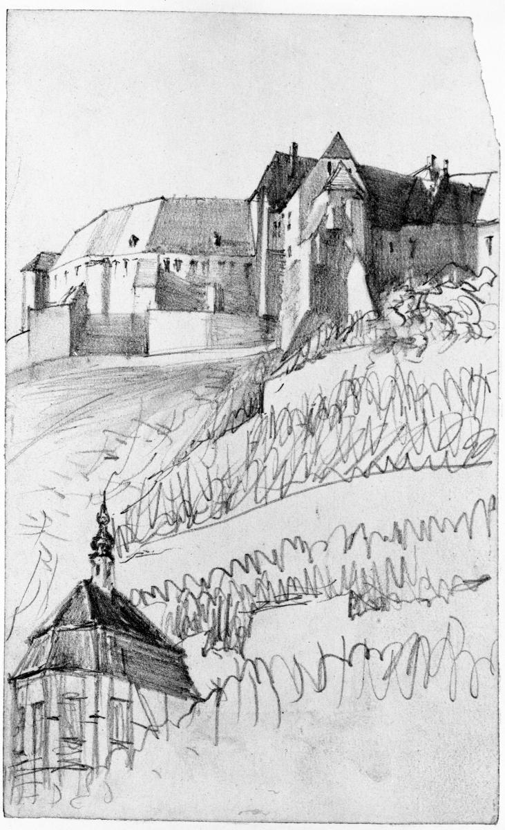 Blick auf die Neuenburg und einen Weinbergspavillon bei Freyburg