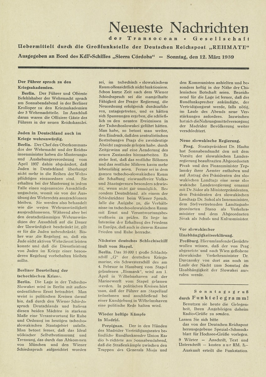 Rund-um-Italienfahrt vom 4. bis 14. März 1939 "Sierra Cordoba"