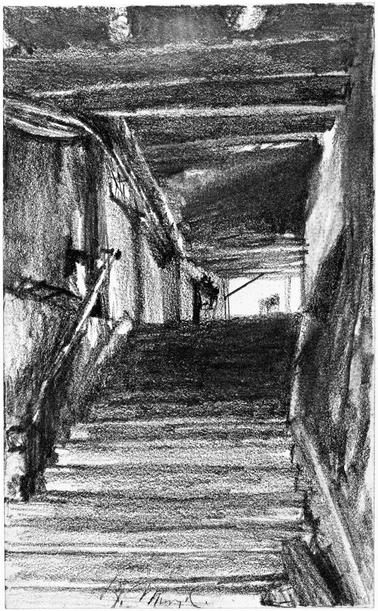 Überdachte Stiege. (Das obere Ende der Kapuzinerstiege? in Salzburg)
