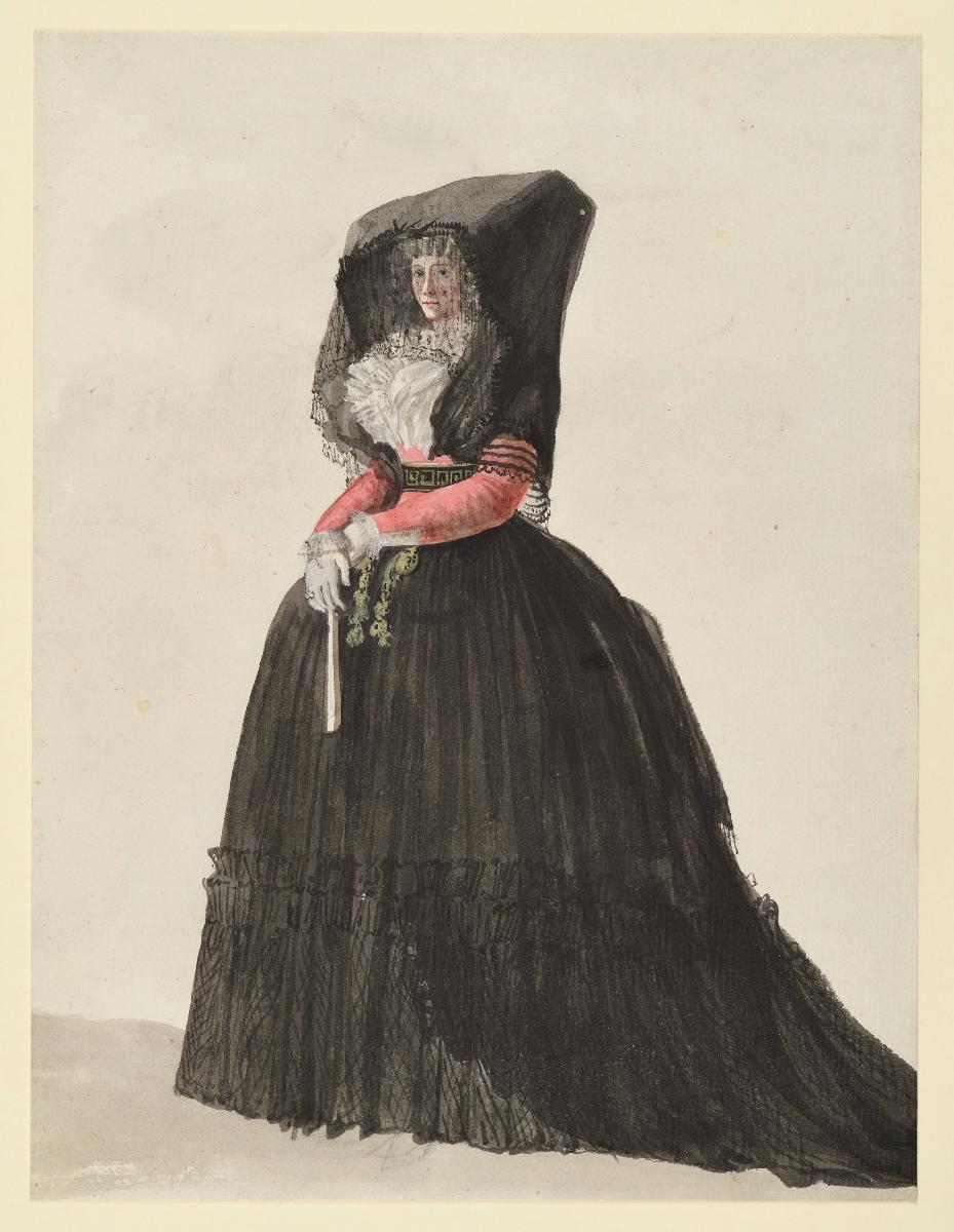 Frau in schwarzen Rock und verschleierter Haube
