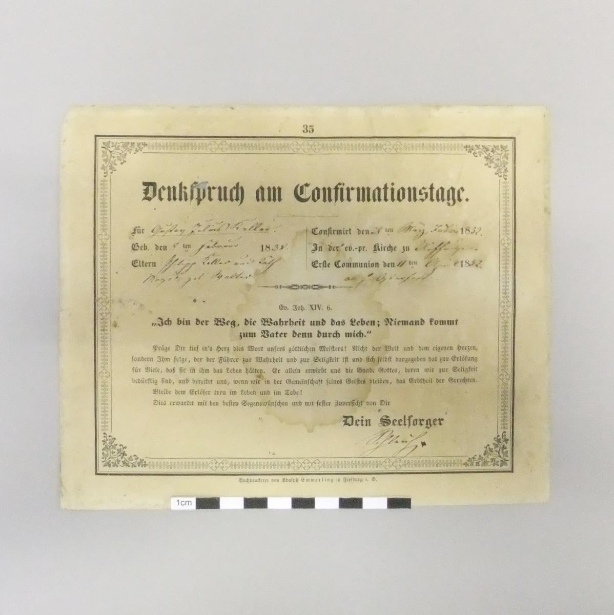 Denkspruch am Confirmationstage für Gustav Julius Keller, 1852, Nr. 35