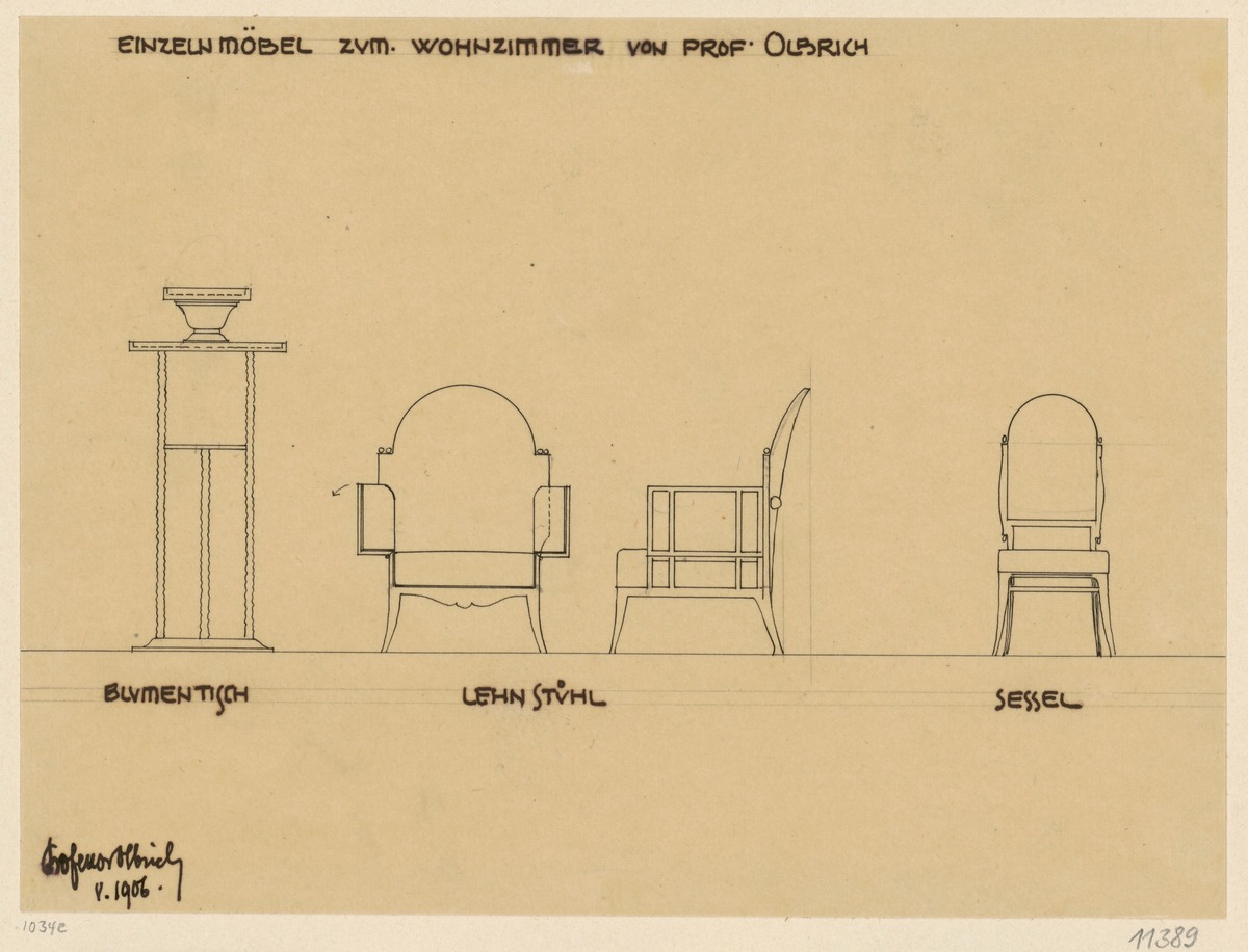 Mailand, Zimmer auf der internationalen Ausstellung, Wohnzimmer, Aufrisse von Blumenständer und Sessel sowie Aufriss und Seitenansicht des Sessels
