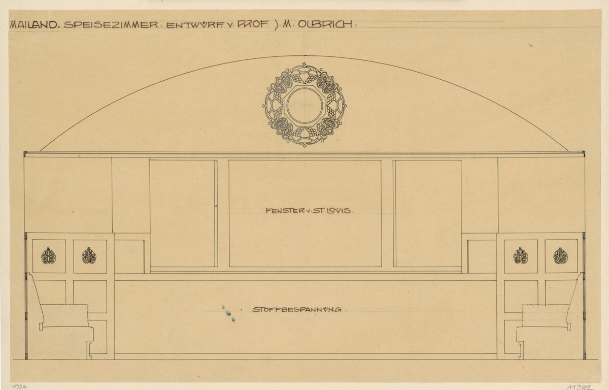 Mailand, Zimmer auf der internationalen Ausstellung, Speisezimmer, Aufriss der Fensterwand