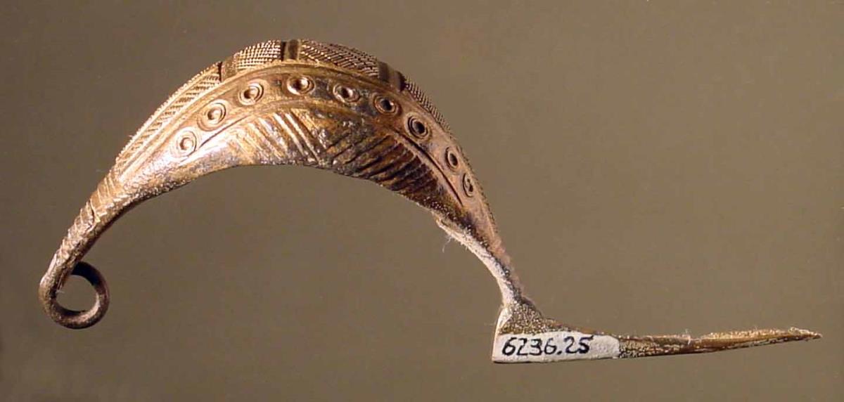 Große Fibel, bis auf die Nadel erhalten; auf dem breiten hohen Bügel sind mit dem Bunzen Verzierungen (Kreise und Linien) angebracht