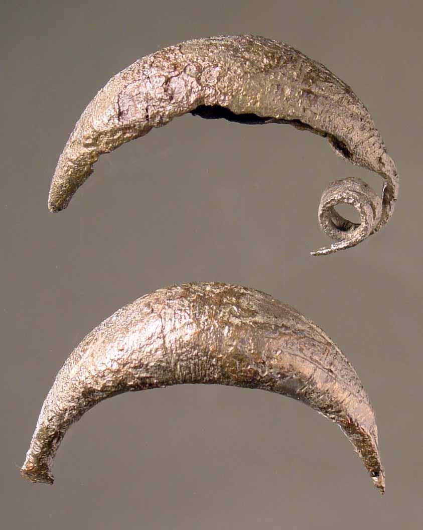 Vier Fibeln des Typus wie Misc. 7982; der Bügel unten geschlossen (aber hohl), Form von oben (Zeichnung = lanzettförmig) mit Linien verziert; dazu ein ring wie die von Misc. 7983