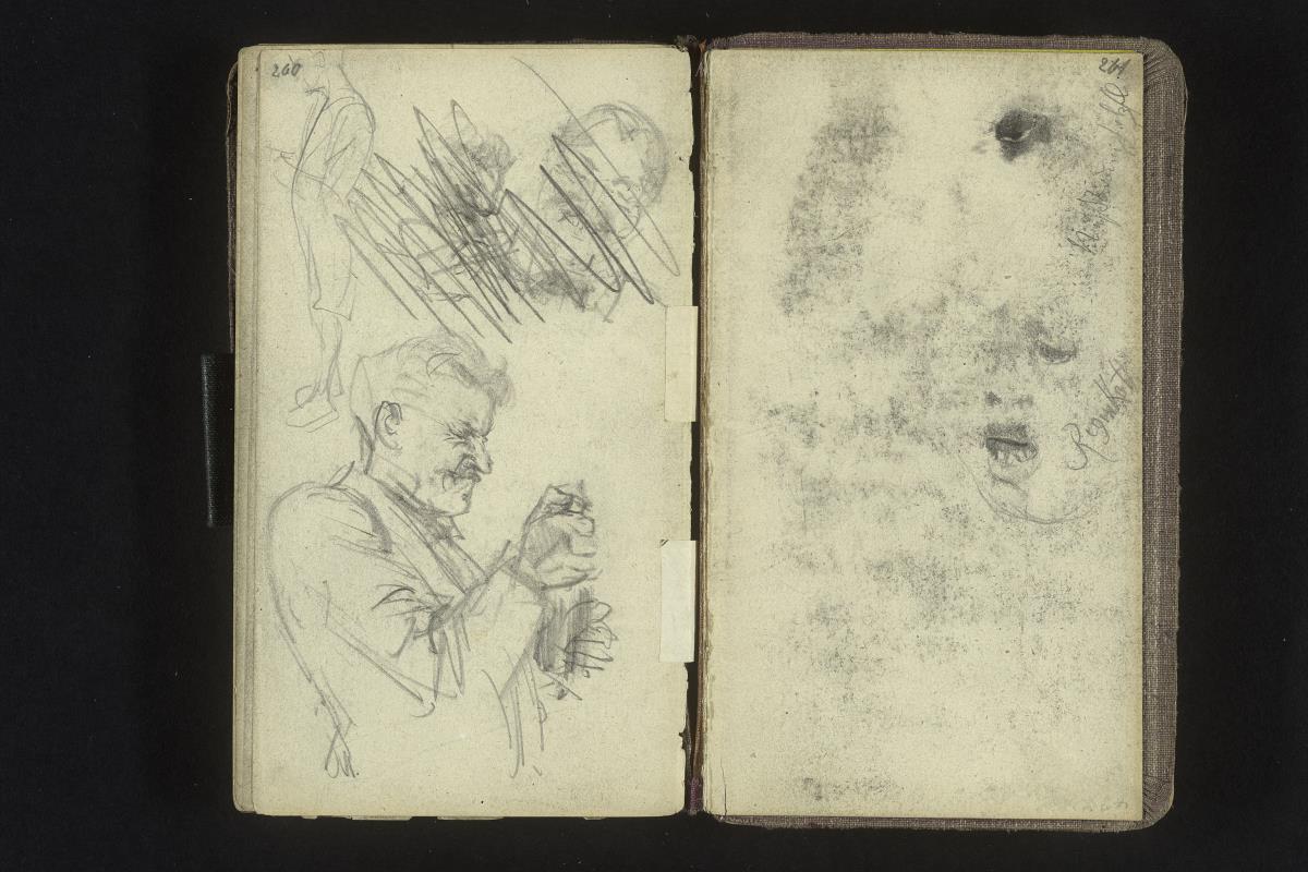 Stehender Mann, Mann mit Flasche in der Hand, Gesichtsstudie (verworfen), Andeutung eines Gesichts, Auge