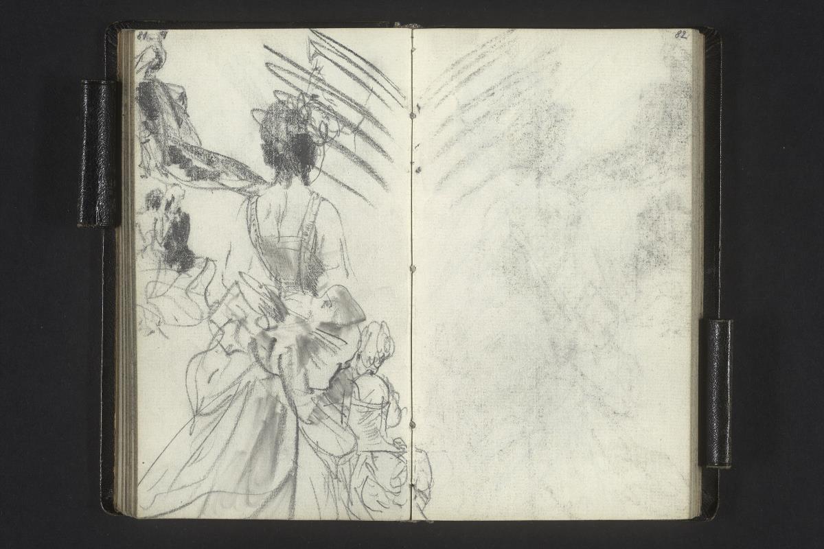 Figur mit Schleppe, Tanzpaar, Frauen in Abendkleidern, Kopfstudie (verworfen)