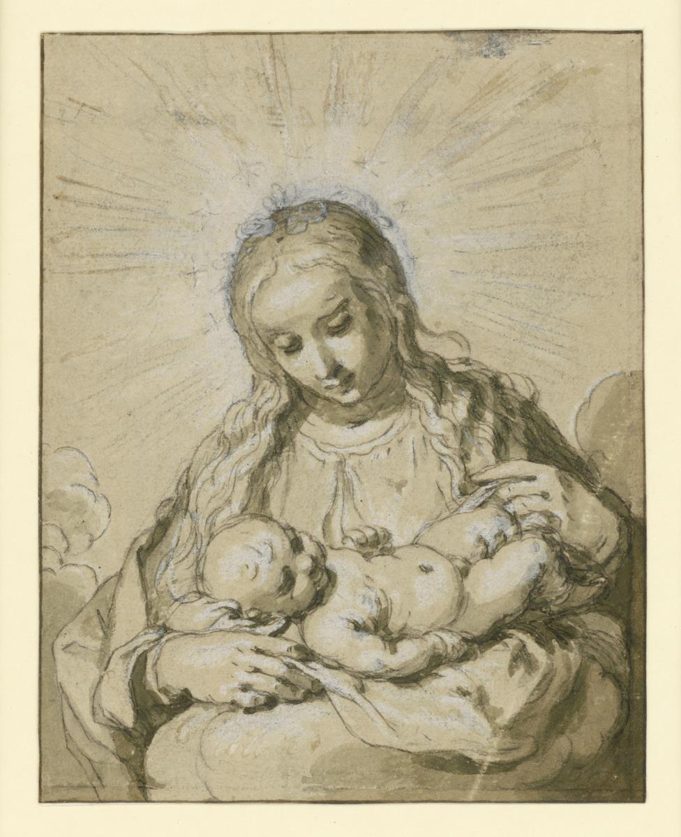 Halbfigur der sitzenden Madonna mit dem Kind auf dem Schoß