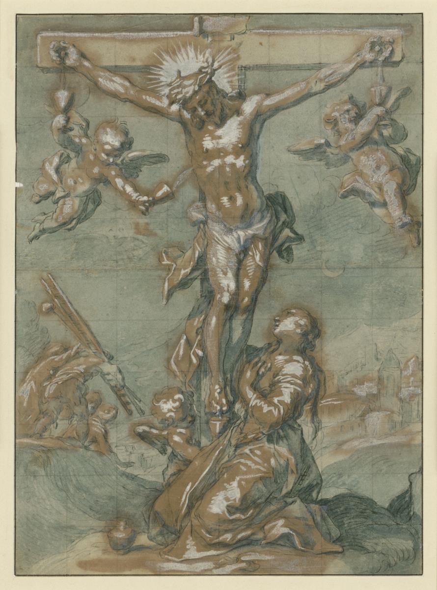 Magdalena am Kreuz Christi kniend