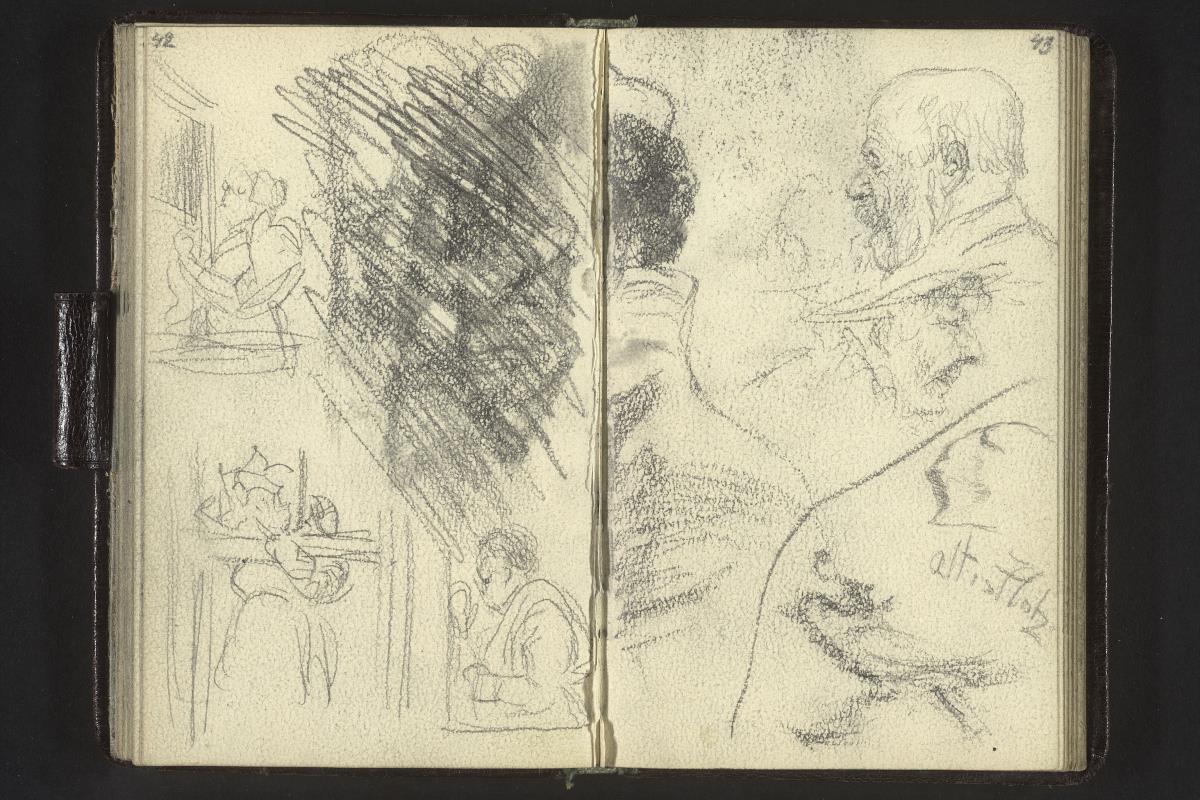 Frau Fenster putzend, Figurenstudie (verworfen), zwei Männerköpfe, Struktur von altem Holz