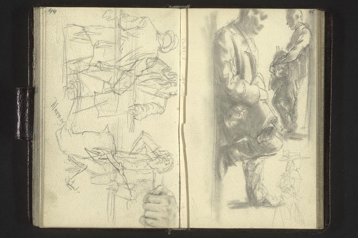 Sitzende Männer mit Fernglas, Handstudie, zwei an der Wand lehnende Männer, Frauenfigur