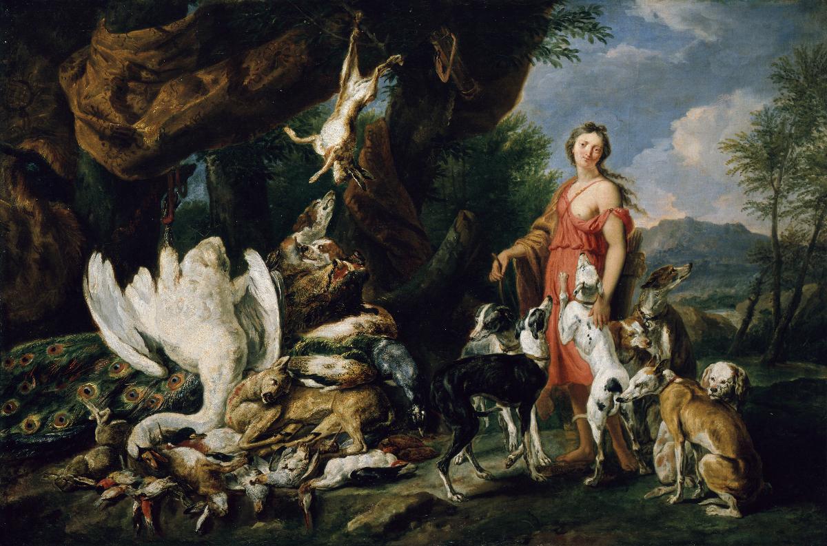 Diana mit ihren Jagdhunden neben erlegtem Wild