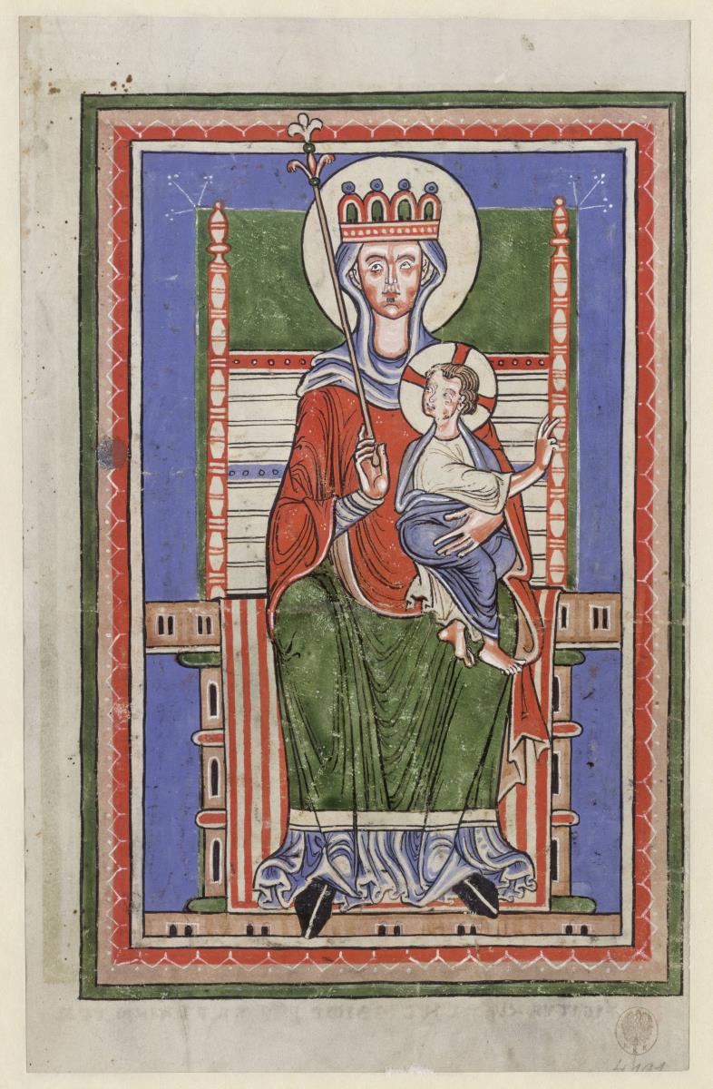 Die thronende und gekrönte Madonna, in der Rechten ein Szepter, mit der Linken das Kind haltend
