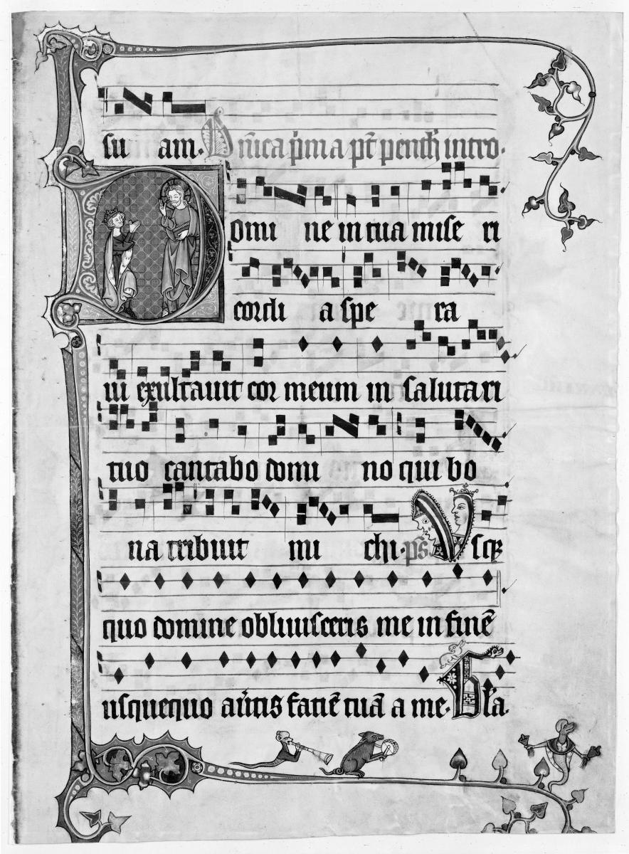 Randleiste und Initiale D, darin vor blauem Grund Christus
