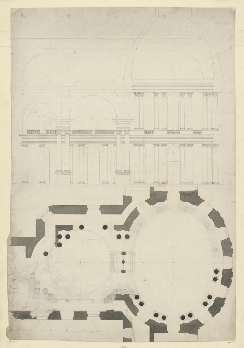 Grundriss und Längsschnitt der Kirche im Oval der Würzburger Residenz