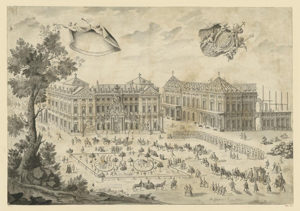 Ansicht der Würzburger Residenz, Nordbau, mit Fensterdekoration