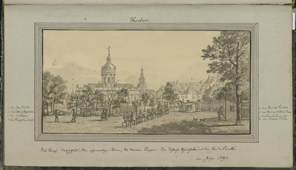 Werder. Das Königl Waschhaus, der ehemalige Dom, die Marien Kirche, die Schloss Apotheke, und die Hunde Brükke. im Jahr 1791.