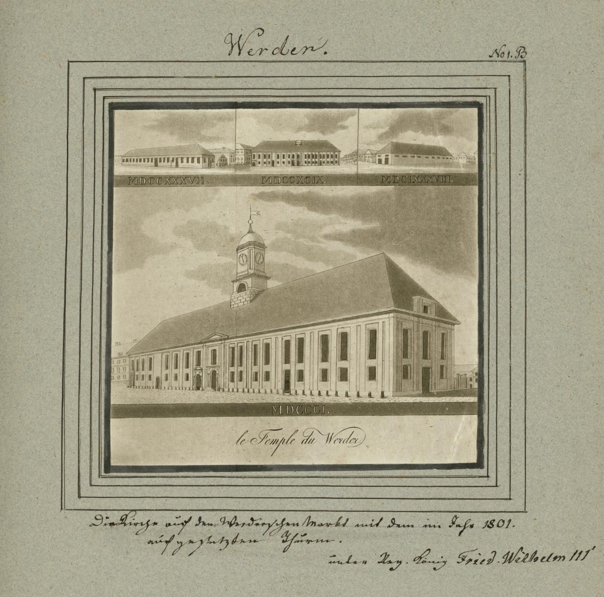 Werder. Die Kirche auf dem Werderschen Markt mit dem im Jahr 1801 aufgesetzten Thurm. unter Reg. König Fried. Wilhelm III