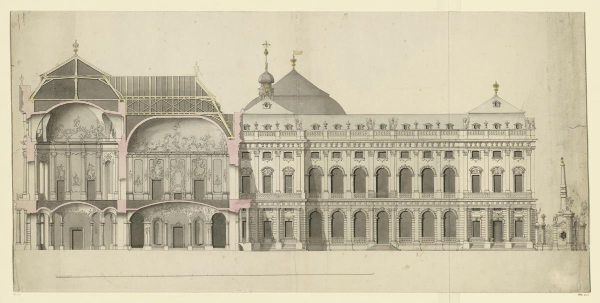 Ansicht der südlichen Ehrenhoffront mit Schnitt durch corpus de logis der Würzburger Residenz