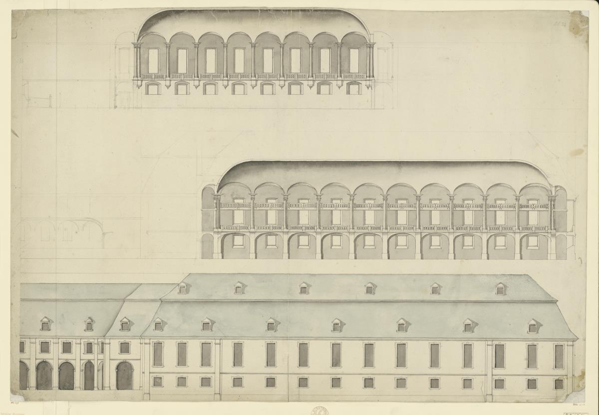 Würzburger Residenz, Aufriss und Längsschnitt des Wirtschaftsgebäudes