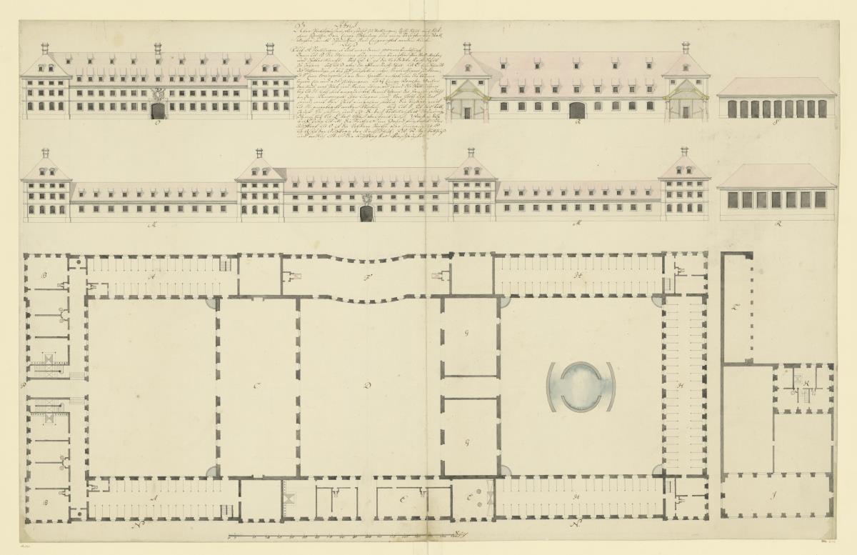 Grundriss und Aufriss des Wirschaftsgebäudes der Würzburger Residenz
