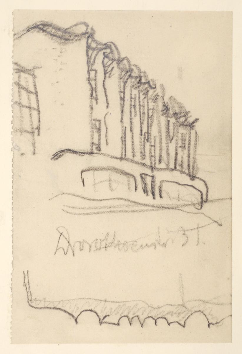 Berlin - Mitte, Umbau Verwaltungsgebäude der Hausleben-Versicherung, Dorotheenstraße 31, Perspektivansicht und Horizontalschnitt der Fassade