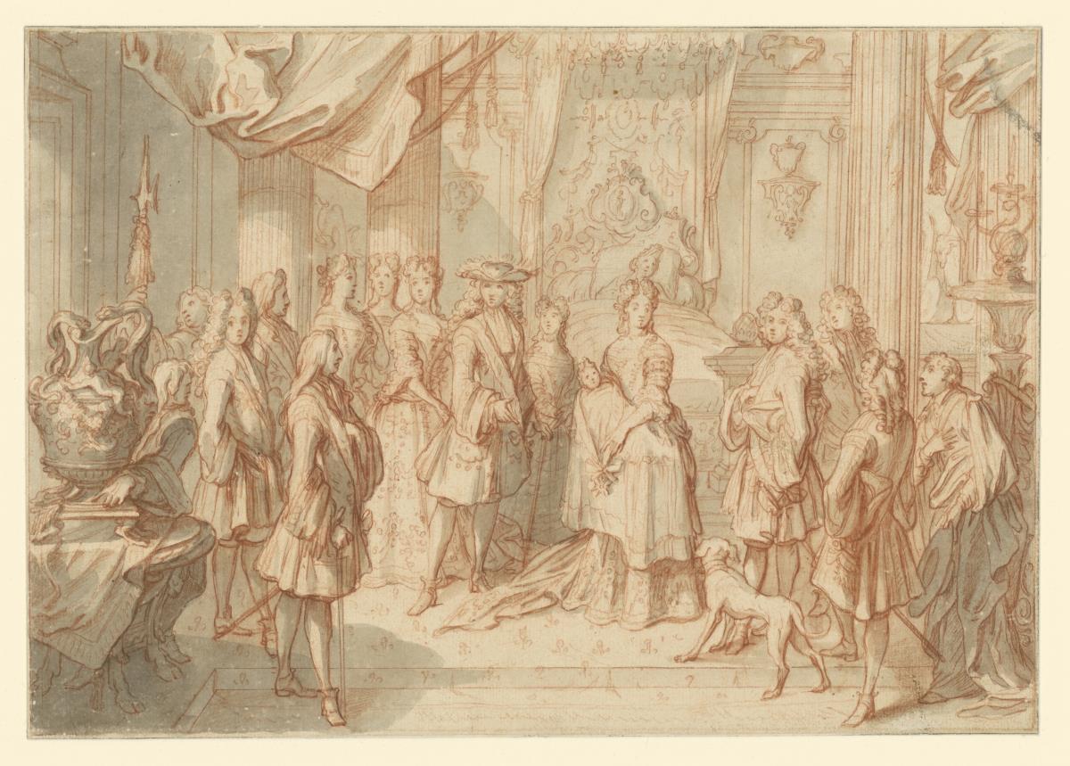 Ludwig XIV. zeichnet seinen neugeborenen Enkel Louis, Herzog von Burgund, mit dem Orden des Heiligen Geistes aus