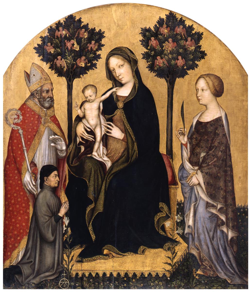 Thronende Maria mit dem Kind, dem heiligen Nikolaus von Bari, der heiligen Katharina von Alexandrien und einem Stifter