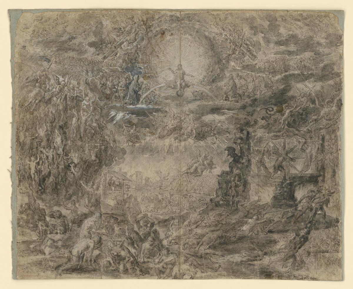 Das jüngste Gericht. Links die Seligen zum Himmel geleitet, rechts Sturz der Verdammten in die Hölle