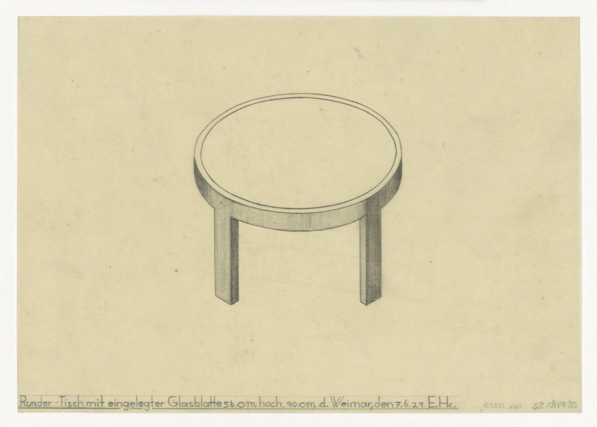 Runder Tisch mit eingelegter Glasplatte (Möbelentwürfe, Tische)