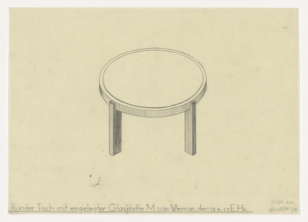 Runder Tisch mit eingelegter Glasplatte (Möbelentwürfe, Tische)