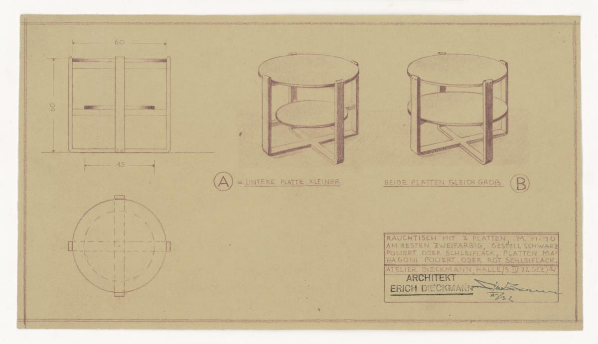 Rauchtisch mit zwei Platten, zwei Ausführungen (Möbelentwürfe, Tische)
