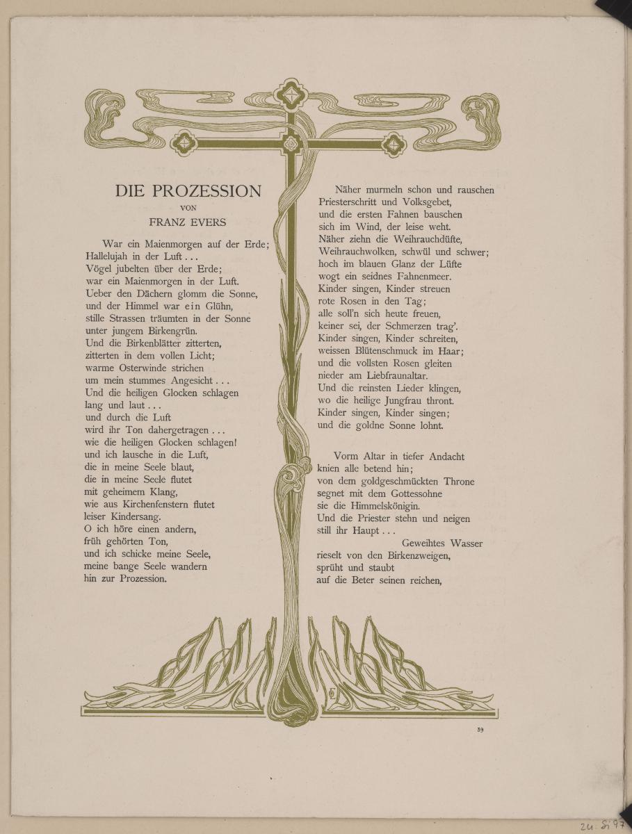 Doppelblatt mit Verzierungen zum Gedicht Die Prozession von Franz Evers (in PAN Heft 5/1896)