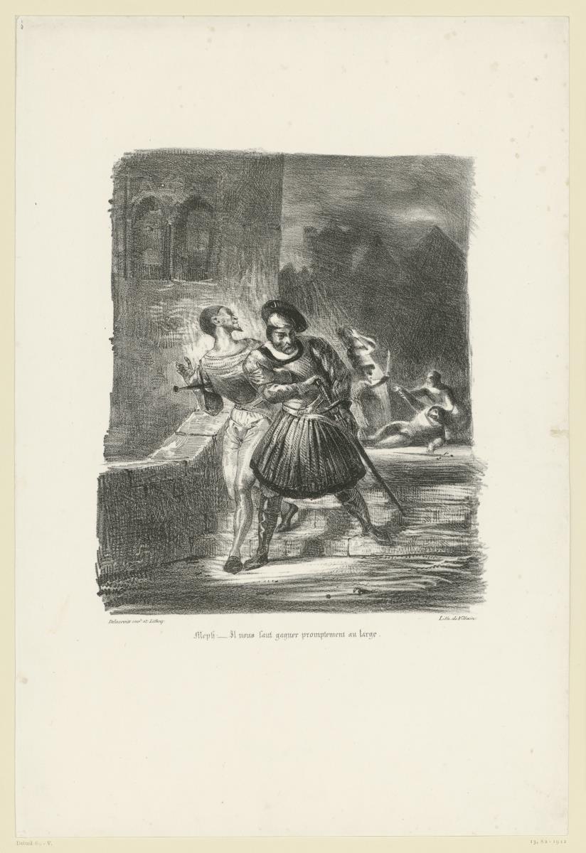 Mephisto und Faust fliehen nach dem Duell / Méphistophélès et Faust fuyant après le duel. Illustration zu Goethe: Faust