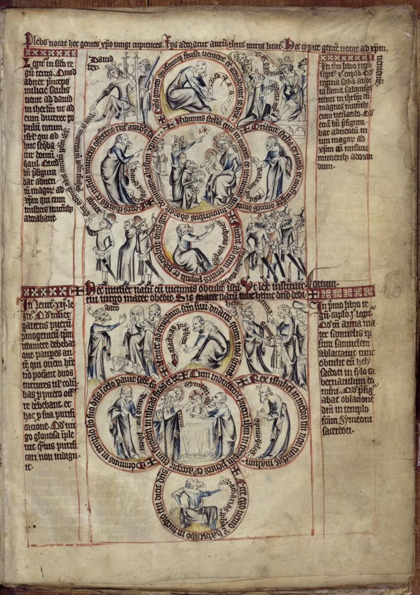 Biblia pauperum. Seite mit zwei Vierpässen, in deren Kreisen biblische Szenen und Figuren