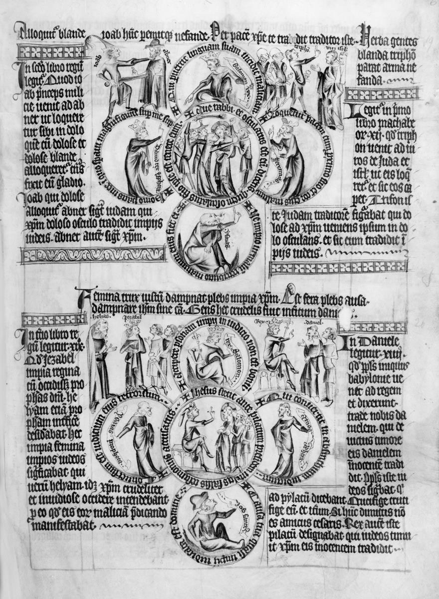 Biblia pauperum. Seite mit zwei Vierpässen, in deren Kreisen biblische Szenen und Figuren