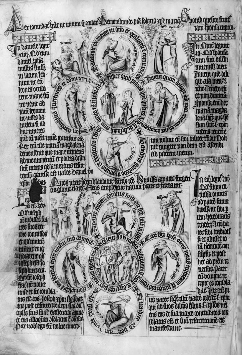 Biblia pauperum. Seite mit zwei Vierpässen, in deren Kreisen biblische Szenen und Figuren
