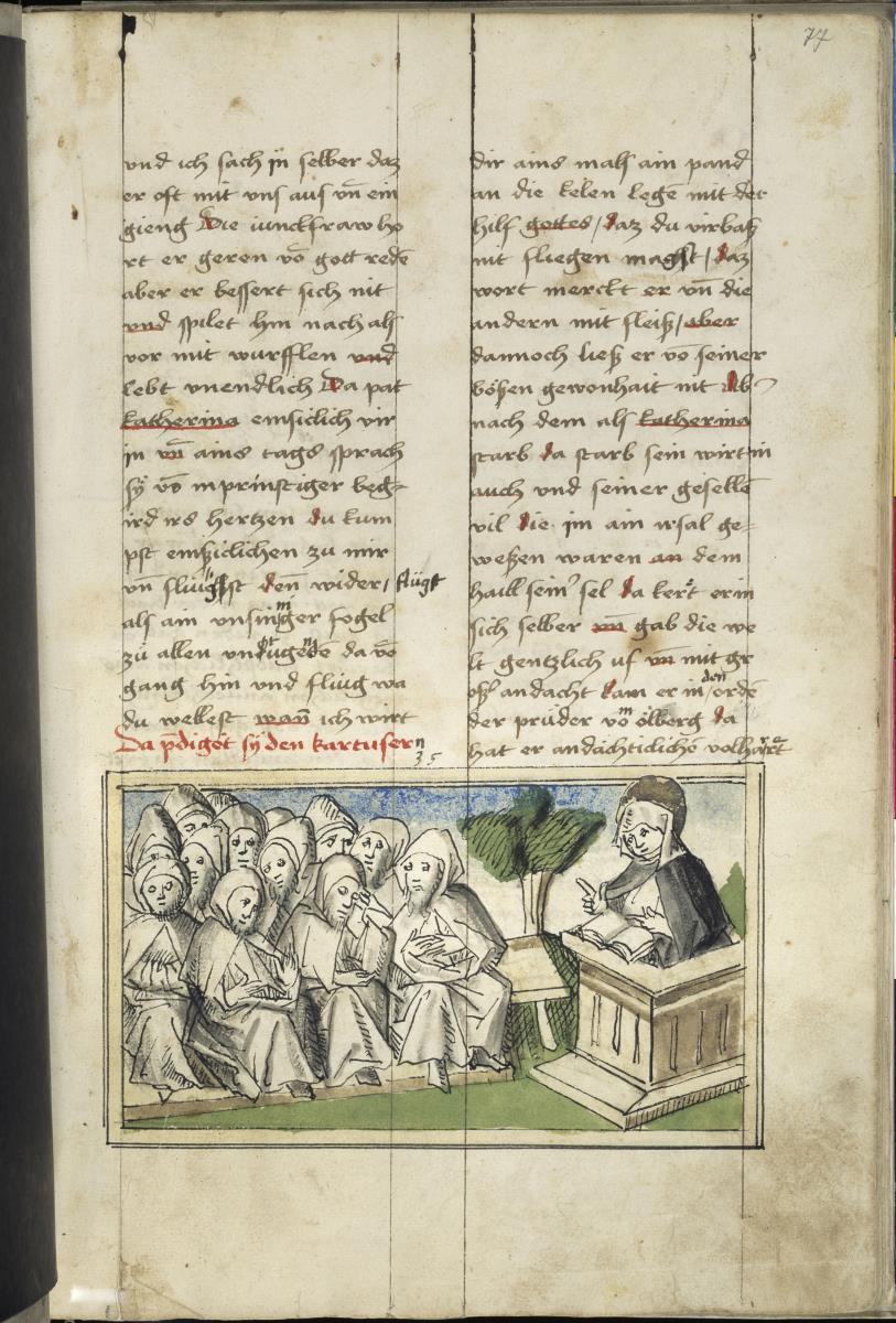 Katharina predigt den Karthäusermönchen. Raimund, Das Leben der Hl. Katharina von Siena (geschrieben von der Nonne Elisabeth Warüssin)