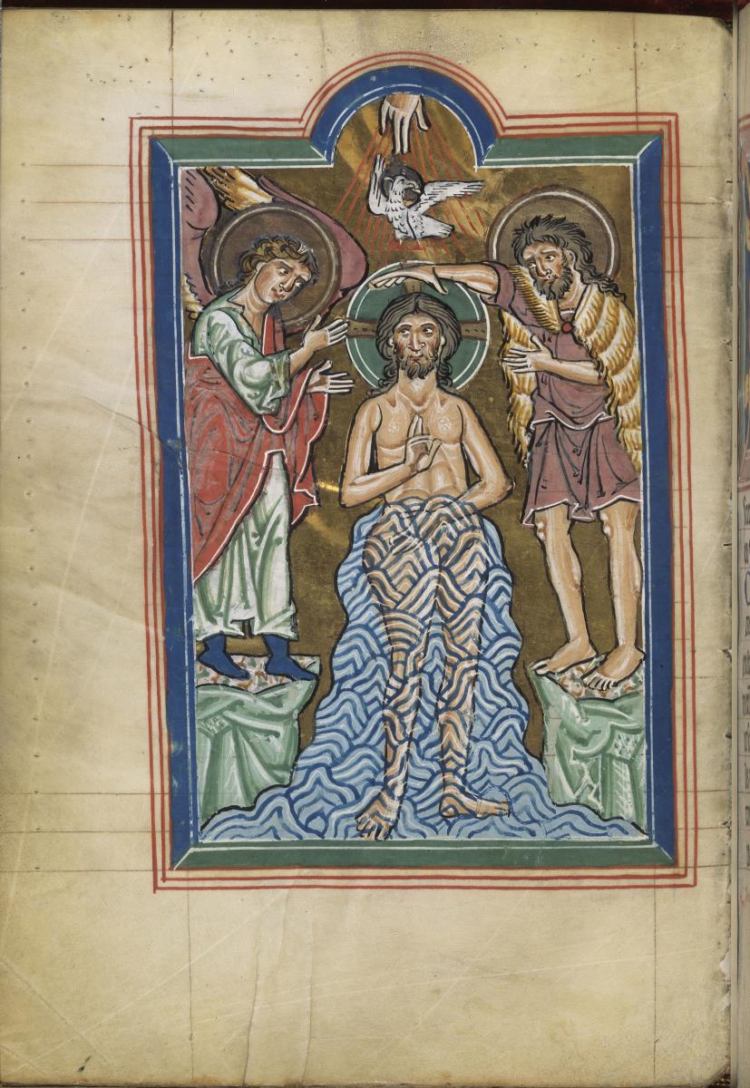 Taufe Christi. Links ein Engel, rechts Johannes, über Christus die Taube und die Hand Gottes. Thüringisch-sächsisches Psalterium