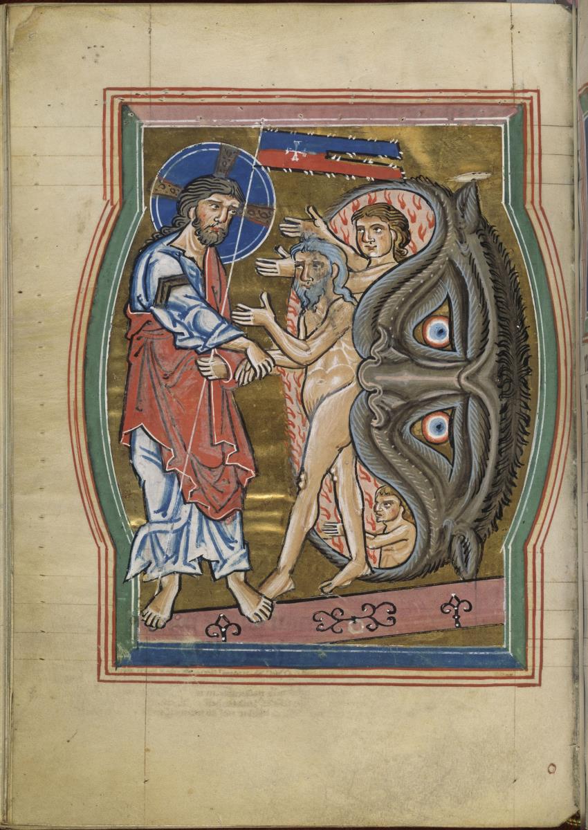 Höllenfahrt Christi. Christus befreit Adam und Eva aus dem Höllenrachen. Thüringisch-sächsisches Psalterium