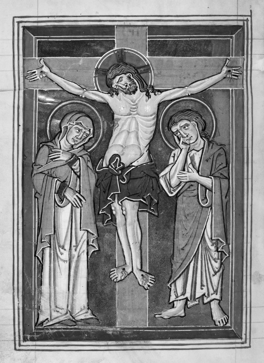 Christus am Kreuz. Unter dem Kreuz Maria und Johannes. Thüringisch-sächsisches Psalterium